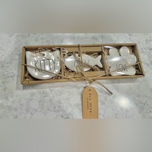 NEW Rae Dunn White Cat-Themed Holiday Ornaments in box Kitty, Meow & Love